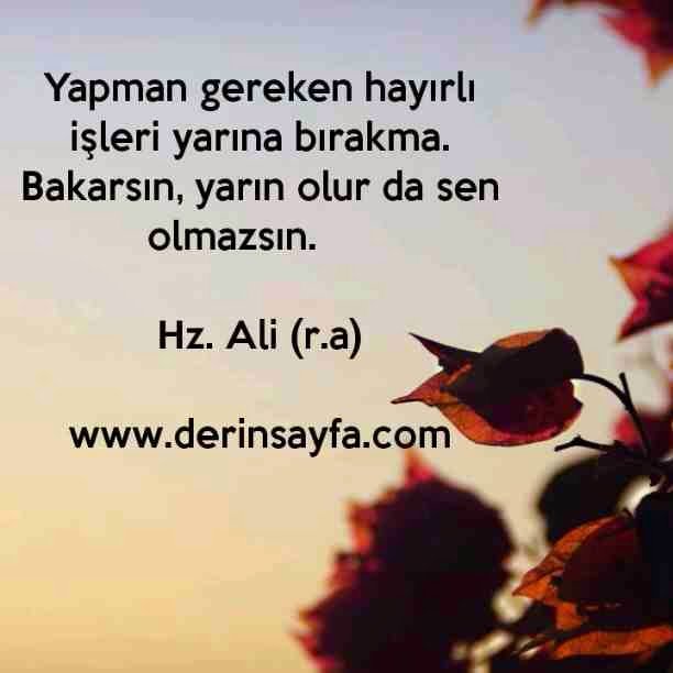 Yapman gereken hayırlı işleri yarına bırakma. Bakarsın, yarın olur da sen olmazsın. – Hz. Ali (r.a)