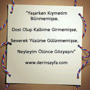 Yaşarken kıymetim bilinmemişse ,dost olup kalbime girilmemişse,severek yüzüme gülünmemişse,neyleyim ölünce gözyaşını