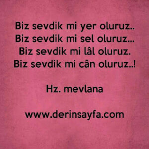 Biz sevdik mi yer oluruz.. Biz sevdik mi sel oluruz. Biz sevdik mi lâl oluruz. Biz sevdik mi cân oluruz. . . ! Mevlana
