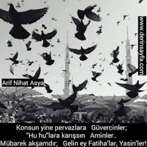 “Konsun yine pervazlara  Güvercinler;  “Hu hu”lara karışsın  Aminler..  Mübarek akşamdır;  Gelin ey Fatiha’lar, Yasin’ler! “