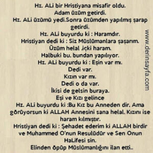 Hz. Ali buyurdu ki :Bu kız bu annedendir, ama görüyorsun ki ALLAH annesini sana helal, kızını ise haram kılmıştır.