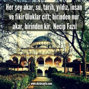 Her şey akar, su, tarih, yıldız, insan ve fikir Oluklar çift; birinden nur akar, birinden kir. Necip Fazıl Kısakürek