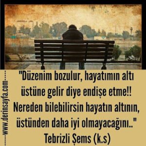 Düzenim bozulur, hayatımın altı üstüne gelir diye endişe etme!! Nereden bilebilirsin hayatın altının..  Tebrizli Şems (k.s)