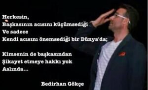 Herkesin,
Başkasının acısını küçümsediği
Ve sadece
Kendi acısını önemsediği bir Dünya'da.. Bedirhan Gökçe