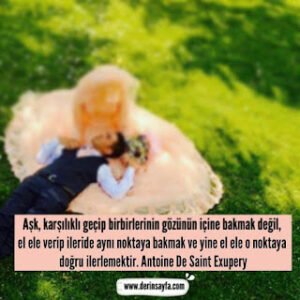 Aşk, karşılıklı geçip birbirlerinin gözünün içine bakmak değil, el ele verip ileride aynı noktaya bakmak.. Antoine De Saint Exupery