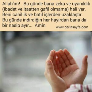 Allah’ım!  Bu günde bana zeka ve uyanıklık (ibadet ve itaatten gafil olmama) hali ver. Beni cahillik ve batıl işlerden uzaklaştır…  Amin