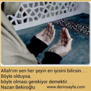 Allah’ım sen her şeyin en iyisini bilirsin. . .
Böyle olduysa,
böyle olması gerekiyor demektir..
Nazan Bekiroğlu