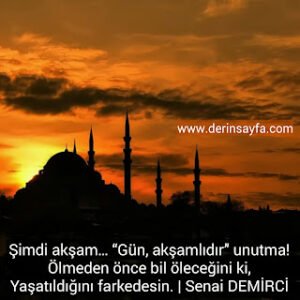 Şimdi akşam… “Gün, akşamlıdır” unutma! Ölmeden önce bil öleceğini ki, Yaşatıldığını farkedesin.  | Senai Demirci |