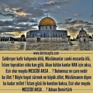 Saldırıyor kafir kahpenin dölü, Müslümanlar sanki mezarda ölü.. İslam toprakları oldu kan gölü. Adnan Demirtürk