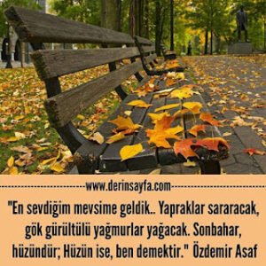 En sevdiğim mevsime geldik.. Yapraklar sararacak, gök gürültülü yağmurlar yağacak. Sonbahar.. Özdemir Asaf