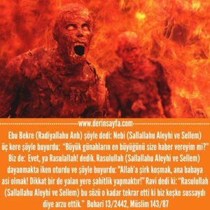 “Allah’a şirk koşmak, ana babaya asi olmak! Dikkat bir de yalan yere şahitlik yapmaktır!” Buhari, Müslim