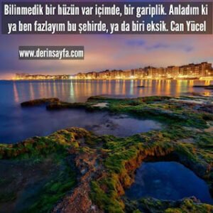 Bilinmedik bir hüzün var içimde, bir gariplik. Anladım ki ya ben fazlayım bu şehirde, ya da biri eksik. Can Yücel