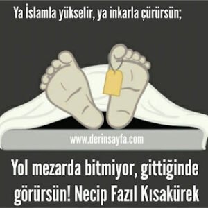 Ya İslamla yükselir, ya inkarla çürürsün; Yol mezarda bitmiyor, gittiğinde görürsün! Necip Fazıl Kısakürek