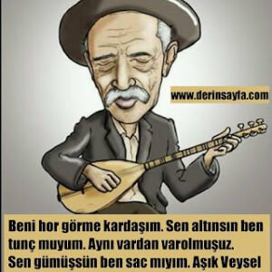 Beni hor görme kardeşim Sen altındın ben tunç muyum Aynı vardan var olmuşuz Sen gümüşsün ben saç mıyım. Aşık Veysel Şatıroğlu