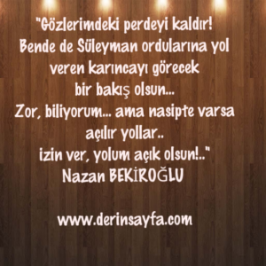 "Gözlerimdeki perdeyi kaldır!
Bende de Süleyman ordularına yol veren karıncayı görecek.."
Nazan BEKİROĞLU