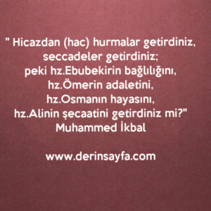 " Hicazdan (hac) hurmalar getirdiniz, seccadeler getirdiniz;
peki hz.Ebubekirin bağlılığını.. Muhammed İkbal