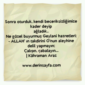 Sonra oturduk, kendi beceriksizliğimize kader deyip
ağladık..