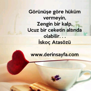 Görünüşe göre hüküm vermeyin,
Zengin bir kalp,
Ucuz bir ceketin altında olabilir.. İskoç Atasözü