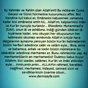 Ey Rahmân ve Rahîm olan Allah’ım!!!   Bu mübarek Cuma Gecesi ve Günü hürmetine kusurumuzu affet.