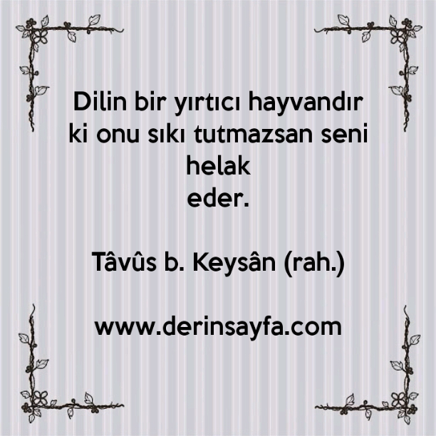 Dilin bir yırtıcı hayvandır ki onu sıkı tutmazsan seni helak
eder.
— Tâvûs b. Keysân (rah.)
