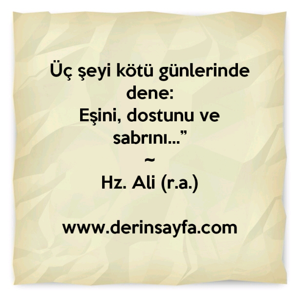 "Üç şeyi kötü günlerinde dene:
Eşini, dostunu ve sabrını…”
~
Hz. Ali (r.a.)