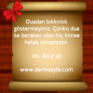 Duadan bıkkınlık göstermeyiniz. Çünkü dua ile beraber olan hiç kimse helak olmamıştır.

Hz. Ali (r.a)