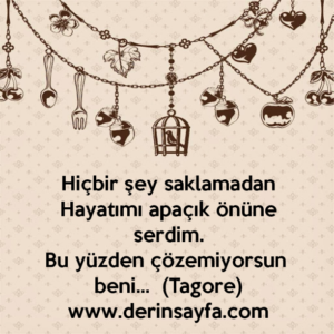 Hiçbir şey saklamadan
Hayatımı apaçık önüne serdim.
Bu yüzden çözemiyorsun beni… Tagore