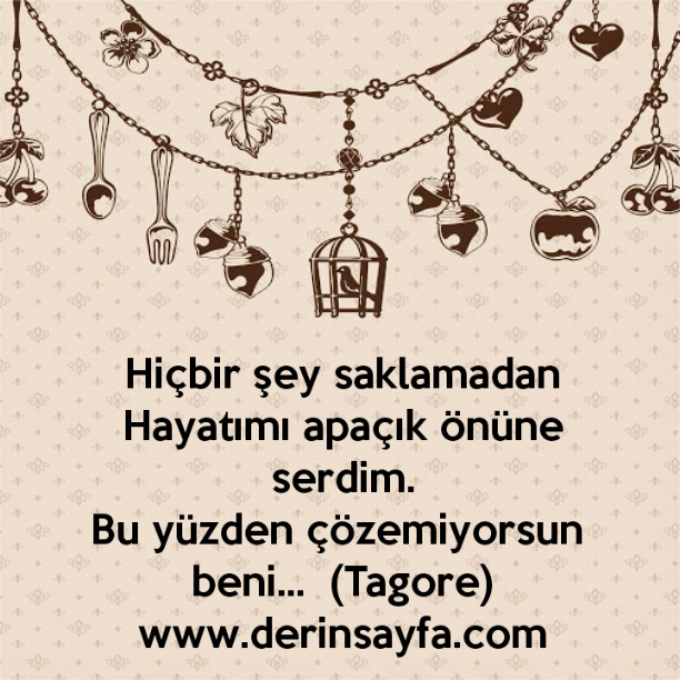 Hiçbir şey saklamadan
Hayatımı apaçık önüne serdim.
Bu yüzden çözemiyorsun beni… Tagore