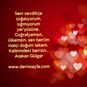 Seni sevdikçe çoğalıyorum, sığmıyorum yar'yüzüne. 
Coğrafyamsın, ülkemsin..
Atakan Gülgar