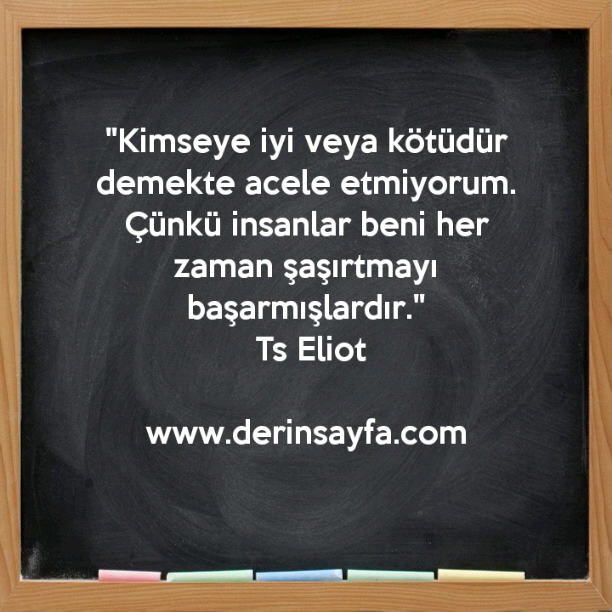"Kimseye iyi veya kötüdür demekte acele etmiyorum.
Çünkü insanlar.."
– Ts Eliot