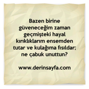 " Bazen birine güveneceğim zaman geçmişteki hayal kırıklıklarım ensemden tutar ve kulağıma fısıldar; ne çabuk unuttun?

"