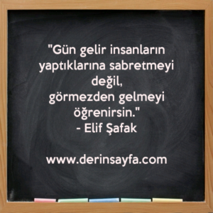 "Gün gelir insanların yaptıklarına sabretmeyi değil,
görmezden gelmeyi öğrenirsin."
– Elif Şafak