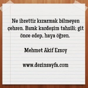 Ne ibrettir kızarmak bilmeyen çehren. Bırak kardeşim tahsili..
Mehmet Akif Ersoy