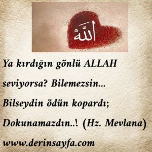 Ya kırdığın gönlü ALLAH seviyorsa? Bilemezsin… Bilseydin ödün kopardı; Dokunamazdın..! (Hz. Mevlana)