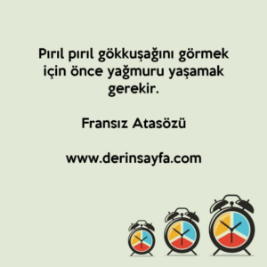 Pırıl pırıl gökkuşağını görmek için önce yağmuru yaşamak gerekir.
–
Fransız Atasözü
