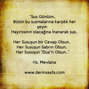 Sus Gönlüm.. Bütün bu susmalarına karşılık her şeyin Hayırlısının olacağına İnanarak sus. Hz. Mevlana