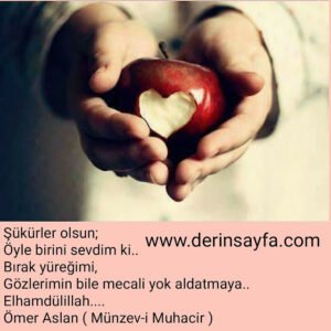 Şükürler olsun;
Öyle birini sevdim ki..
Bırak yüreğimi,
Gözlerimin bile mecali yok aldatmaya..

Elhamdülillah….

Ömer Aslan