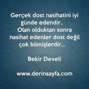 Gerçek dost nasihatini iyi günde edendir.. Olan olduktan sonra nasihat edenler dost değil çok bilmişlerdir…  Bekir Develi