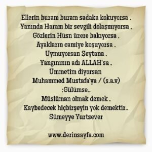 Ellerin buram buram sadaka kokuyorsa ,
Yanında Haram bir sevgili dolaşmıyorsa; gülümse.. Sümeyye Yurtsever