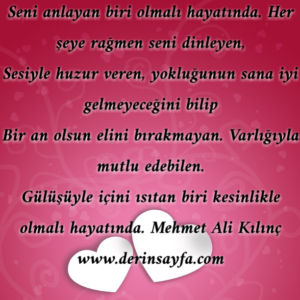 Seni anlayan biri olmalı hayatında. Her şeye rağmen seni dinleyen.. Mehmet Ali Kılınç