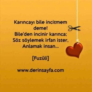 Karıncayı bile incitmem deme!
Bile'den incinir karınca;
Söz söylemek irfan ister,
Anlamak insan…

Fuzûli