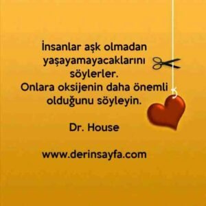 İnsanlar aşk olmadan yaşayamayacaklarını söylerler.
Onlara oksijenin daha önemli olduğunu söyleyin.
Dr. House