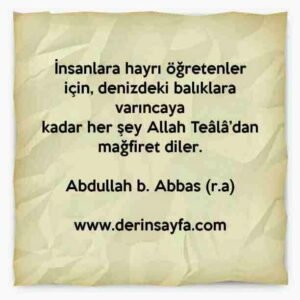 İnsanlara hayrı öğretenler için, denizdeki balıklara varıncaya
kadar her şey Allah Teâlâ’dan mağfiret diler.
– Abdullah b. Abbas (r.a)