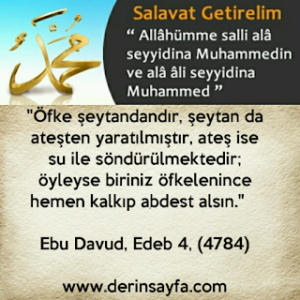 “Öfke şeytandandır, şeytan da ateşten yaratılmıştır, ateş ise su ile söndürülmektedir; öyleyse biriniz öfkelenince hemen kalkıp abdest alsın.”