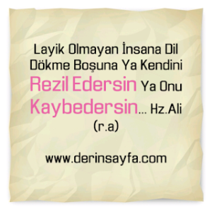 Layık olmayan insana dil dökme boşuna ya kendini rezil edersin ya onu kaybedersin… Hz.Ali (r.a)