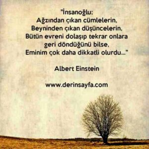 "İnsanoğlu;
Ağzından çıkan cümlelerin,
Beyninden çıkan düşüncelerin,
Bütün evreni dolaşıp.."
– Albert Einstein