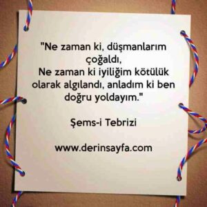 "Ne zaman ki, düşmanlarım çoğaldı,
Ne zaman ki iyiliğim kötülük olarak algılandı, anladım ki ben
doğru yoldayım."
– Şems