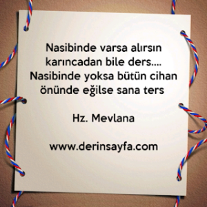 Nasibin de varsa alırsın karıncadan bile ders. Nasibin de yoksa bütün cihan önüne serilse sana ters..(Mevlana)