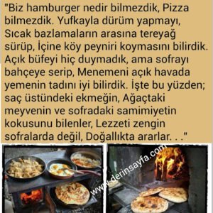 "Biz hamburger nedir bilmezdik, Pizza bilmezdik. Yufkayla dürüm yapmayı,
Sıcak bazlamaların arasına tereyağ sürüp,
İçine köy peyniri koymasını bilirdik."