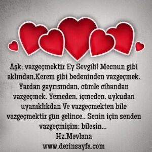Aşk; vazgeçmektir Ey Sevgili! Mecnun gibi aklından, Kerem gibi bedeninden.. Hz. Mevlana